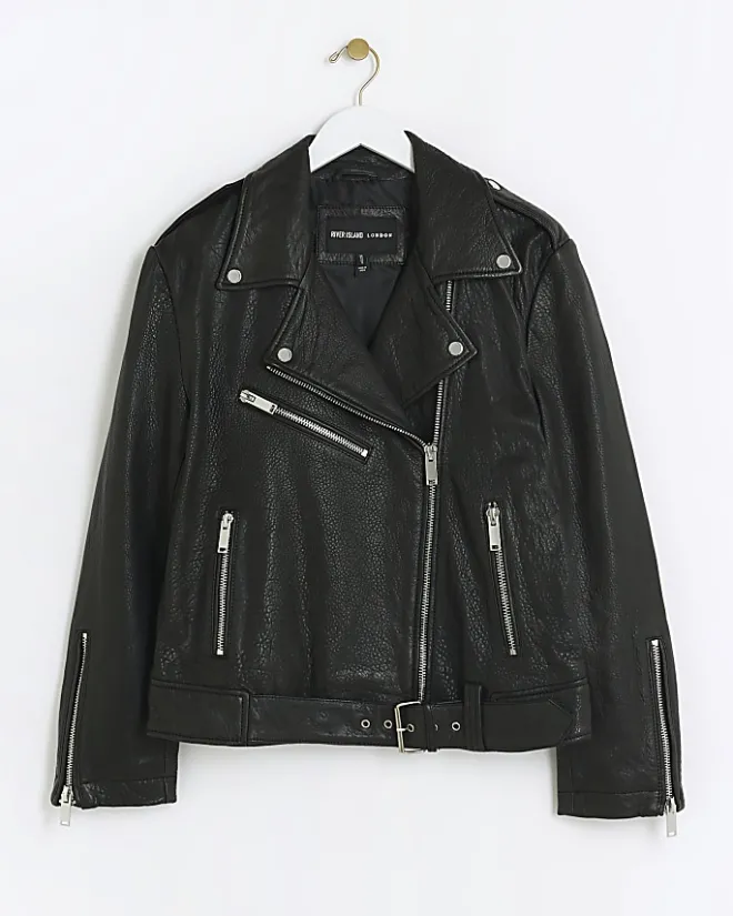 River Island RI Studio leather biker jacket Black New