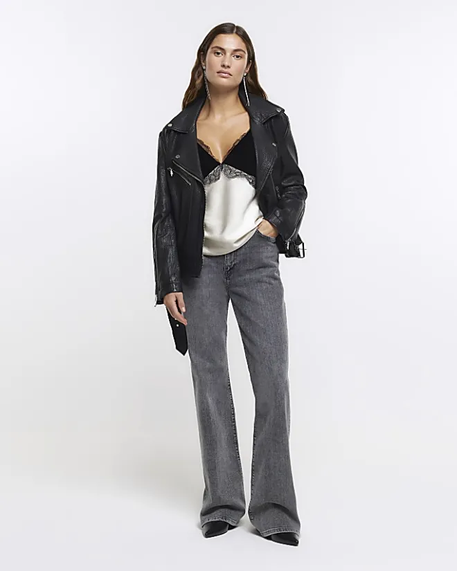 River Island RI Studio leather biker jacket Black New
