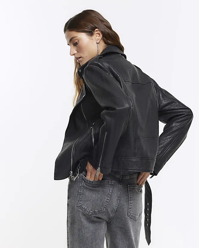 River Island RI Studio leather biker jacket Black New