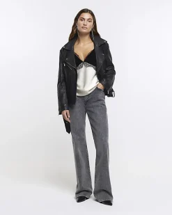 River Island RI Studio leather biker jacket Black New