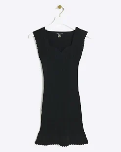 River Island rib peplum hem bodycon mini dress Black Outlet