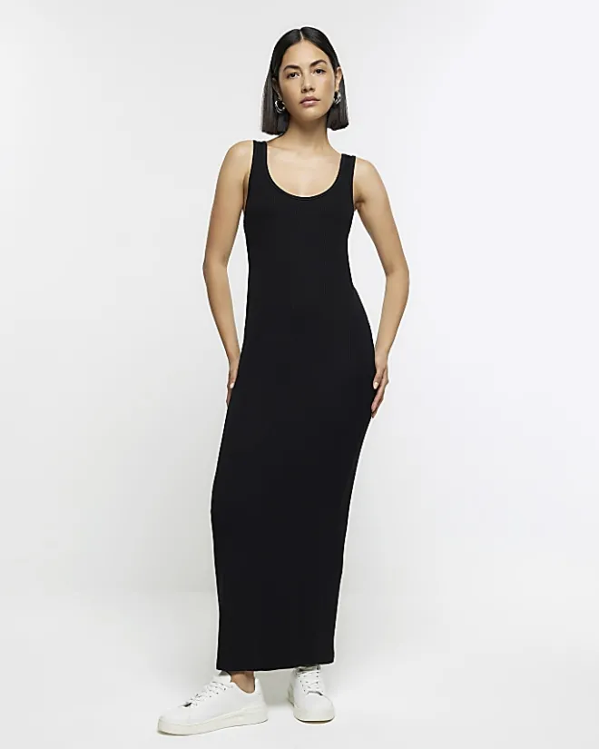 River Island rib sleeveless bodycon maxi dress Black Online
