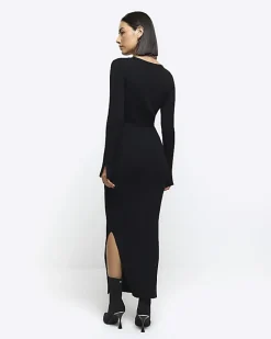 River Island rib tie waist jumper maxi dress Black Outlet