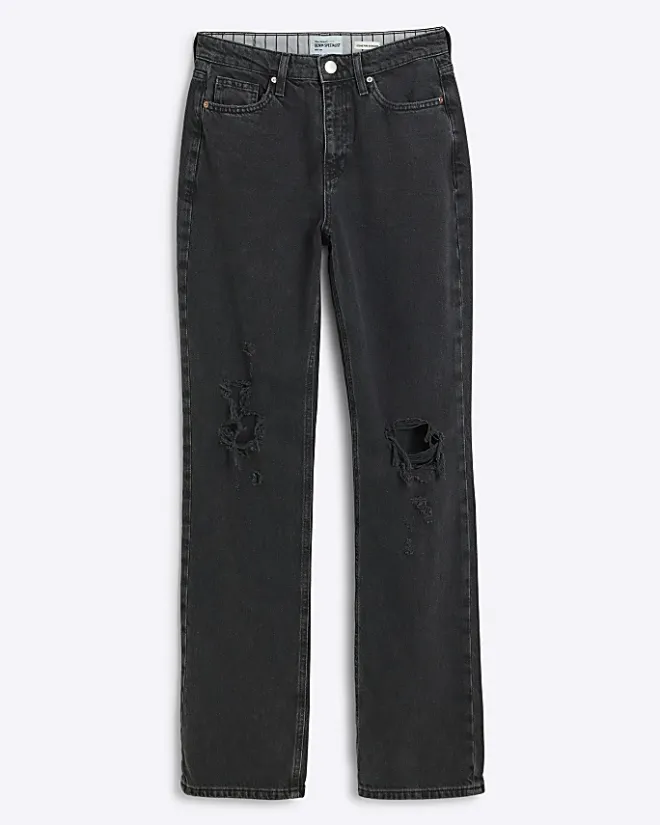 River Island ripped high waist stove straight jeans Black Online