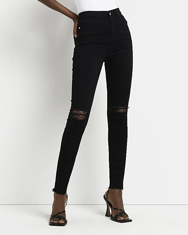 River Island ripped high waisted skinny jeans Black Clearance