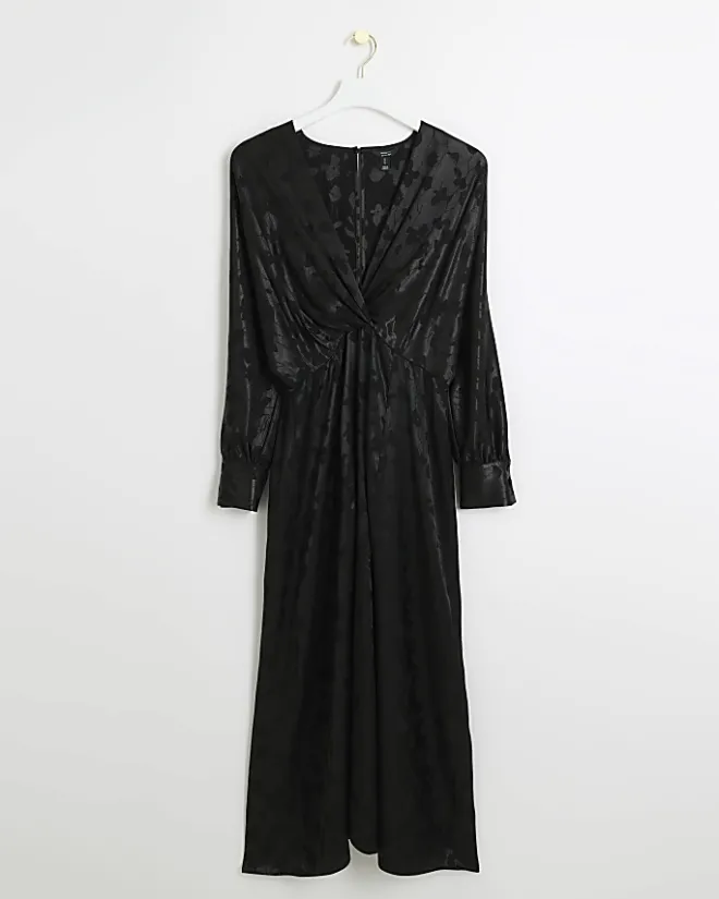 River Island satin floral twist shift midi dress Black New