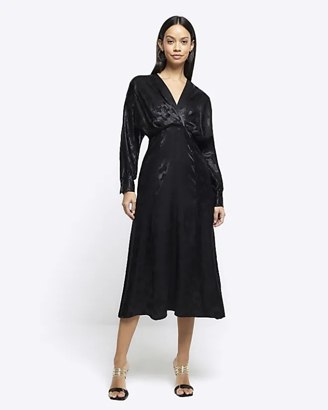 River Island satin floral twist shift midi dress Black New