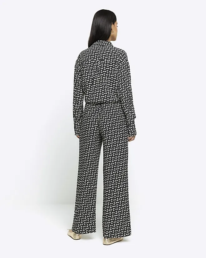 River Island satin geometric wide leg trousers Black Sale