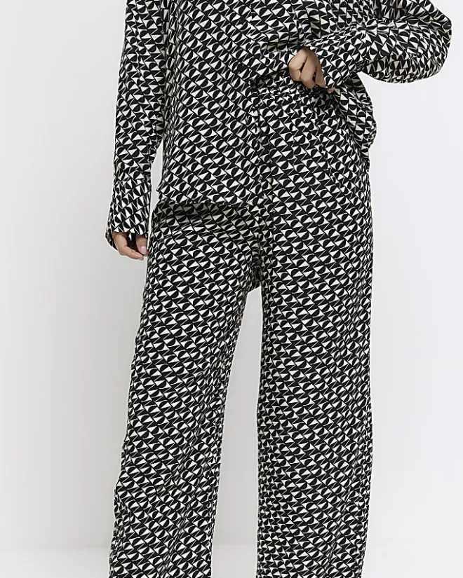 River Island satin geometric wide leg trousers Black Sale