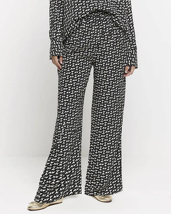 River Island satin geometric wide leg trousers Black Sale