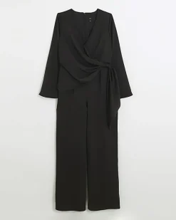 River Island satin knot detail jumpsuit Black Best