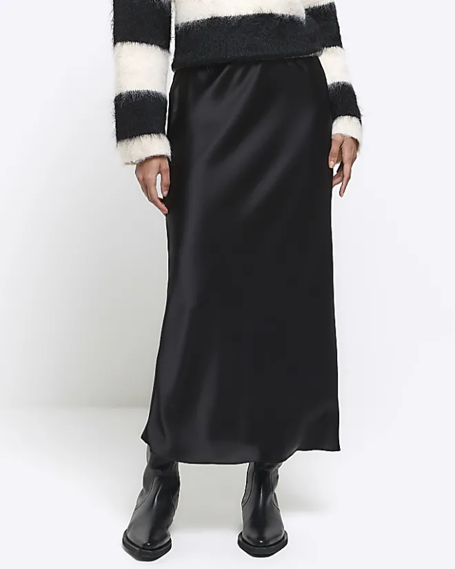 River Island Satin Midi Skirt Black Discount