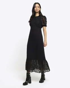 River Island satin textured skater midi dress Black New