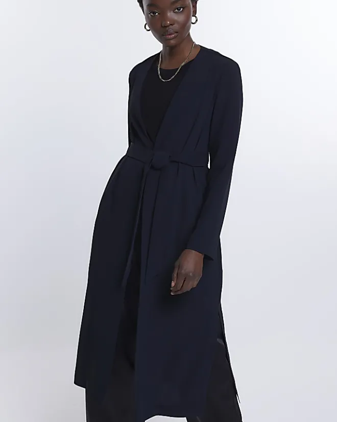 River Island Satin Tie Waist Duster Jacket Black Outlet