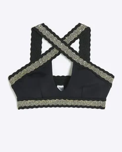 River Island sequin elastic halter bikini top Black Sale