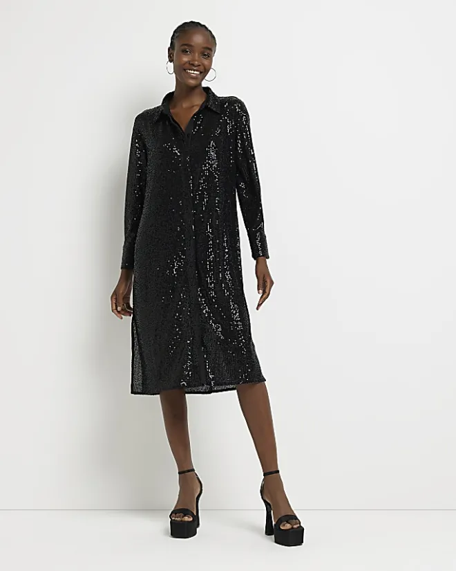 River Island sequin long sleeve midi shirt dress Black Fashion