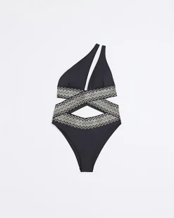 River Island shirred asymmetric swimsuit Black Outlet