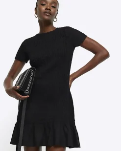 River Island shirred peplum t-shirt mini dress Black Online