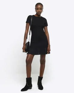 River Island shirred peplum t-shirt mini dress Black Online
