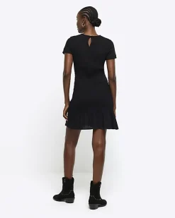 River Island shirred peplum t-shirt mini dress Black Online