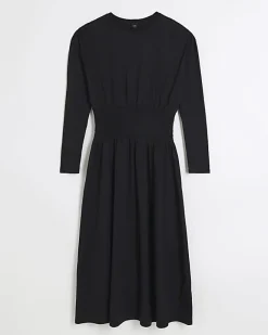 River Island shirred waist midi dress Black Outlet