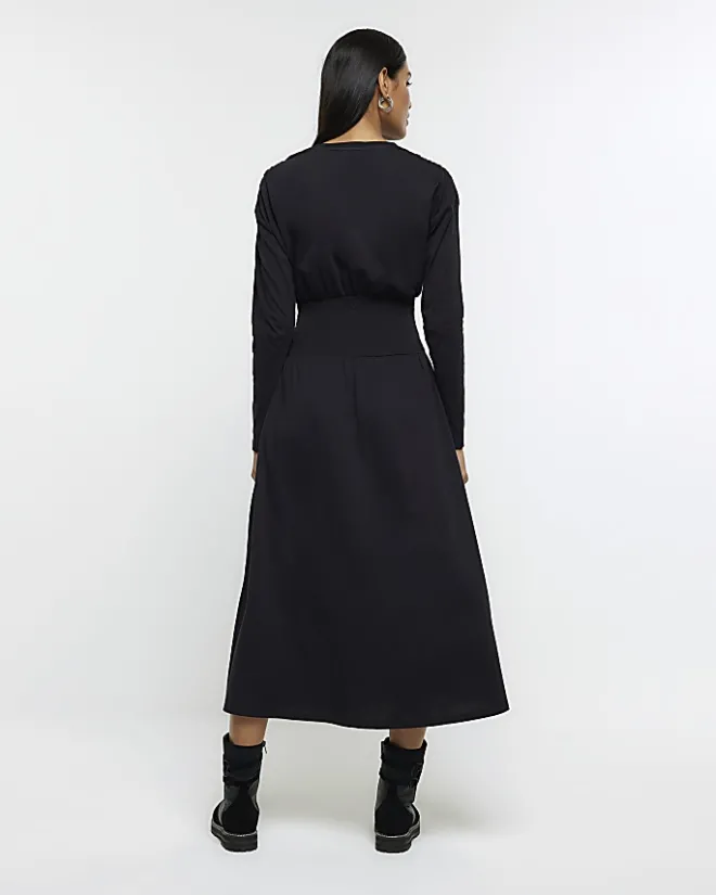 River Island shirred waist midi dress Black Outlet