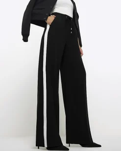 River Island side stripe wide leg joggers Black Clearance