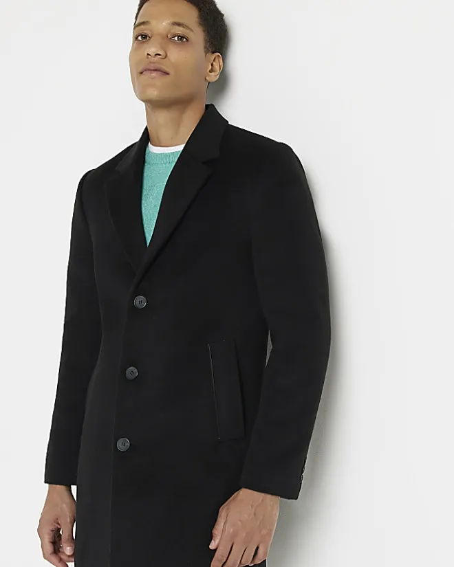 River Island single breasted overcoat Black Outlet