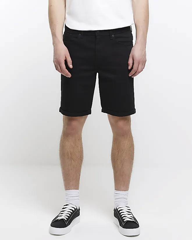River Island skinny fit denim shorts Black Hot