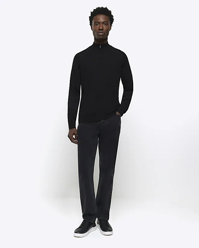 River Island slim fit knitted half zip jumper Black Outlet