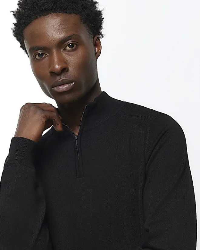 River Island slim fit knitted half zip jumper Black Outlet