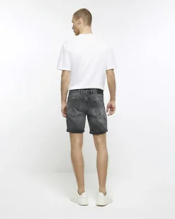 River Island slim fit ripped denim shorts Black Clearance