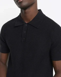 River Island slim fit textured knitted polo shirt Black Clearance