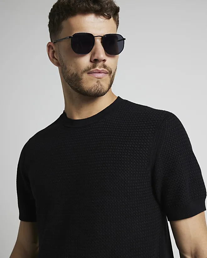 River Island slim fit textured knit t-shirt Black Online