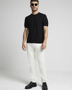 River Island slim fit textured knit t-shirt Black Online