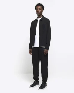 River Island slim fit textured zip up sweatshirt Black Fashion