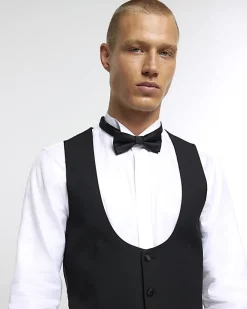 River Island slim fit tuxedo waistcoat Black Fashion