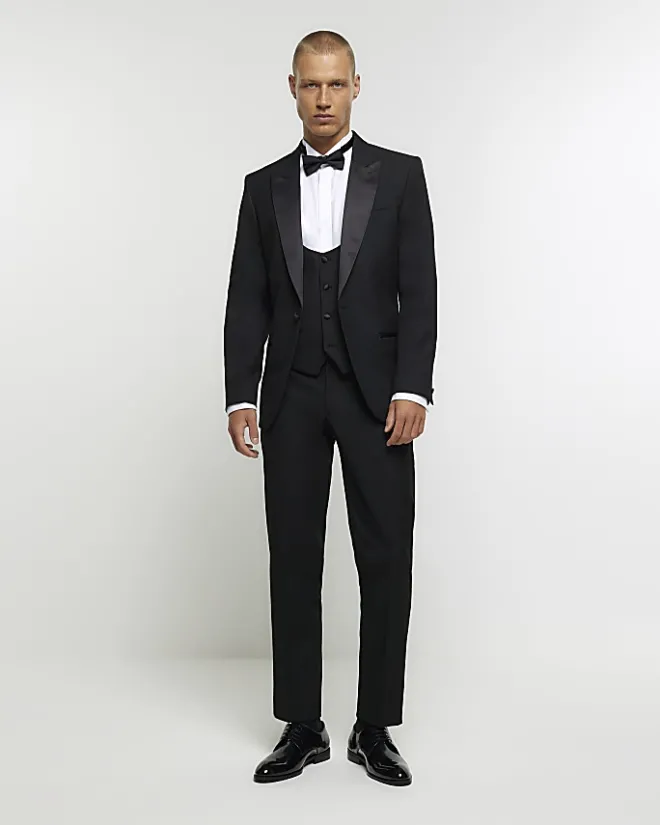 River Island slim fit tuxedo waistcoat Black Fashion