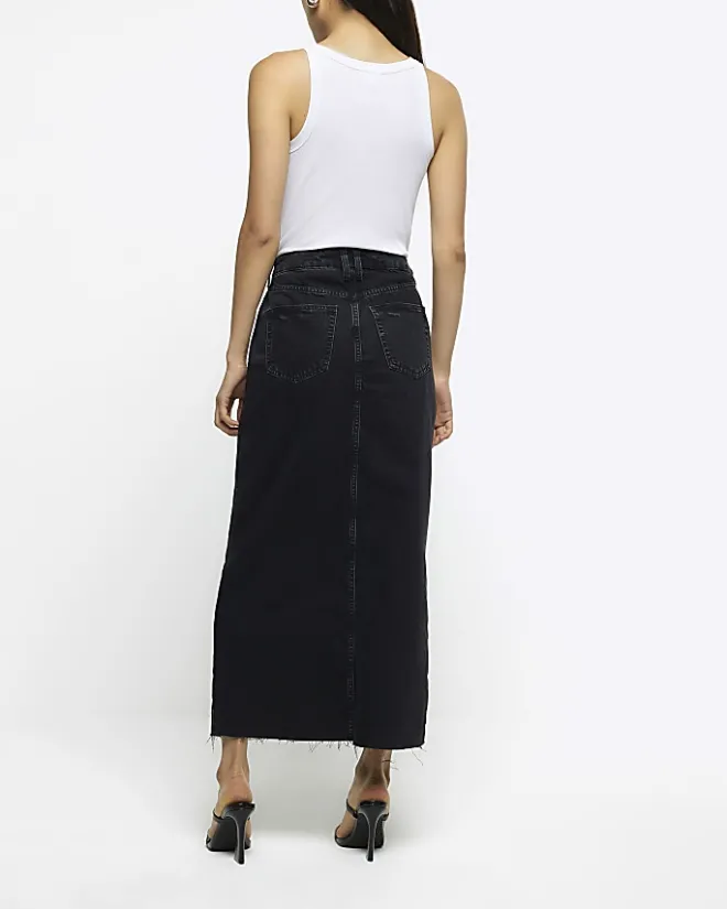 River Island split front denim midi skirt Black Sale