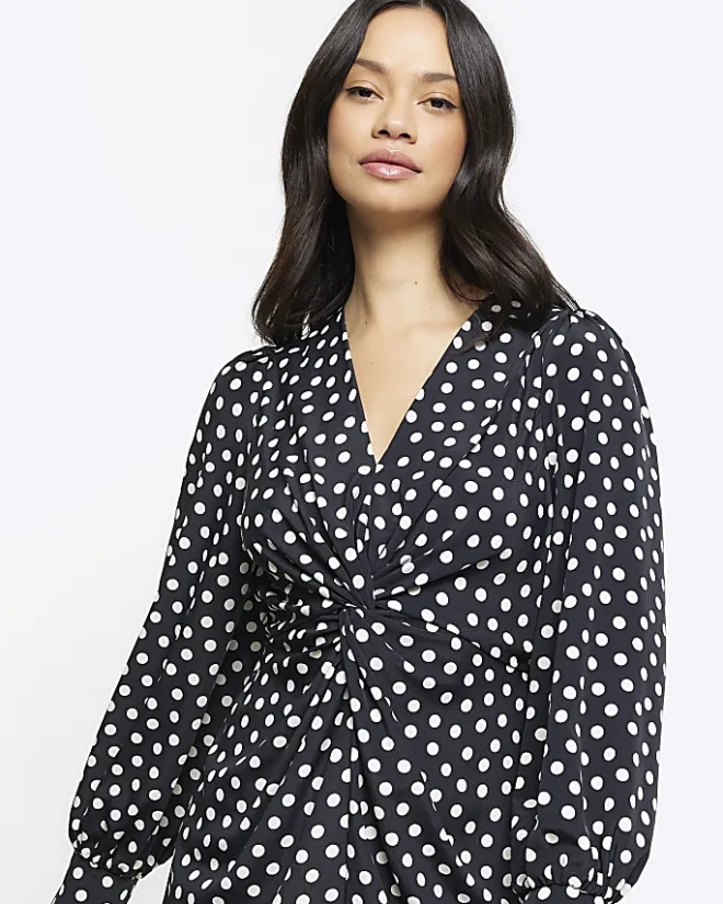 River Island spot knot detail swing mini dress Black Fashion