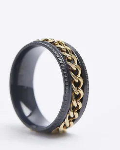 River Island Black stainless steel chain detail ring Yellow Sale