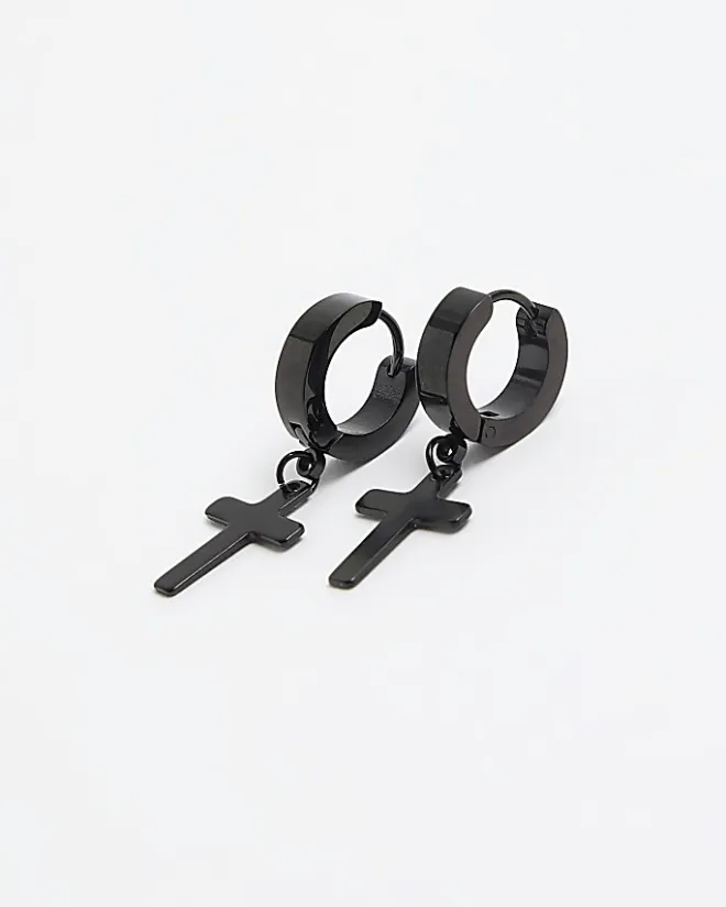 River Island stainless steel cross hoop earrings Black Outlet