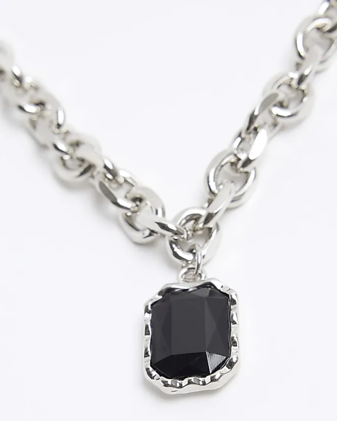 River Island Stone Pendant Necklace Black New