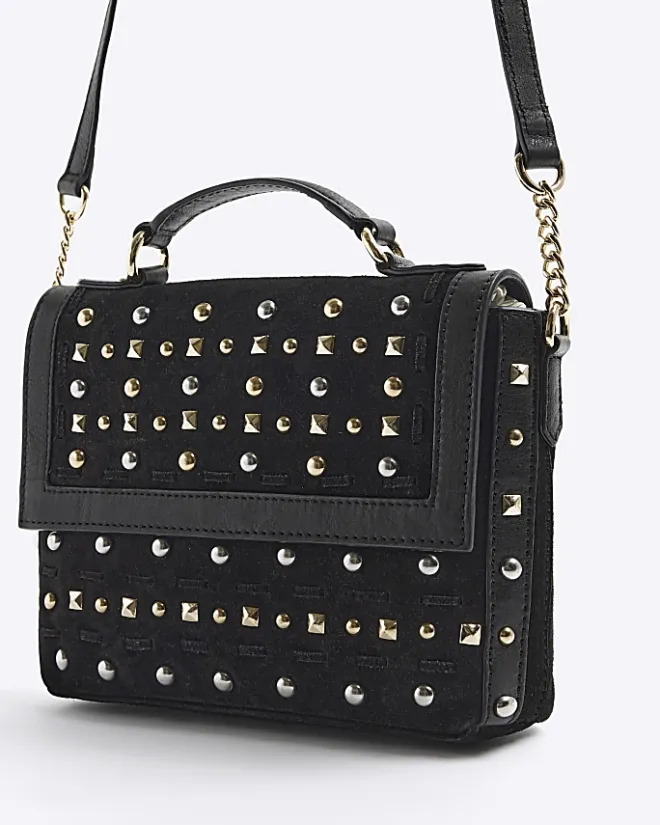 River Island suede studded satchel bag Black Fashion