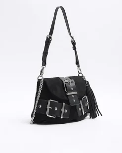River Island suedette buckle shoulder bag Black Clearance