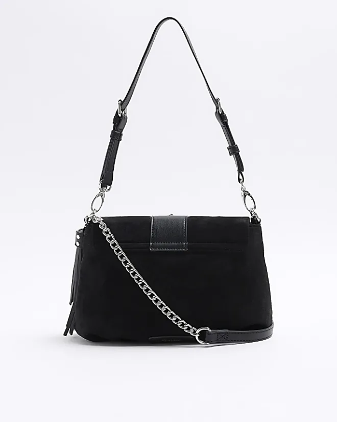 River Island suedette buckle shoulder bag Black Clearance