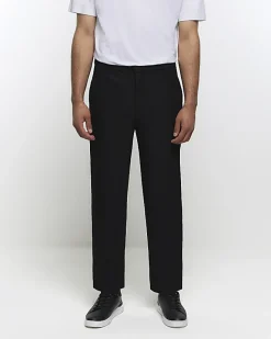 River Island tapered fit plisse smart trousers Black Clearance
