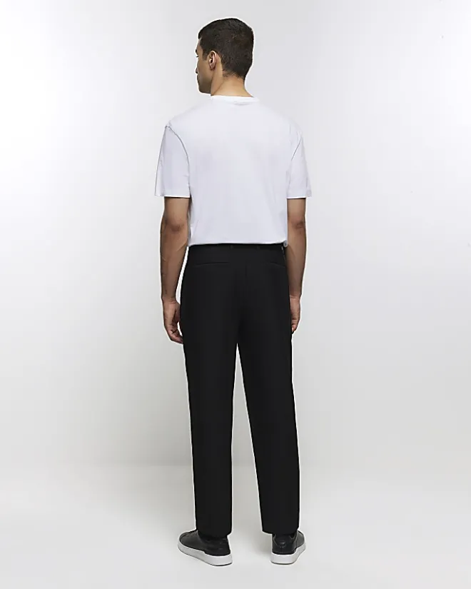 River Island tapered fit plisse smart trousers Black Clearance