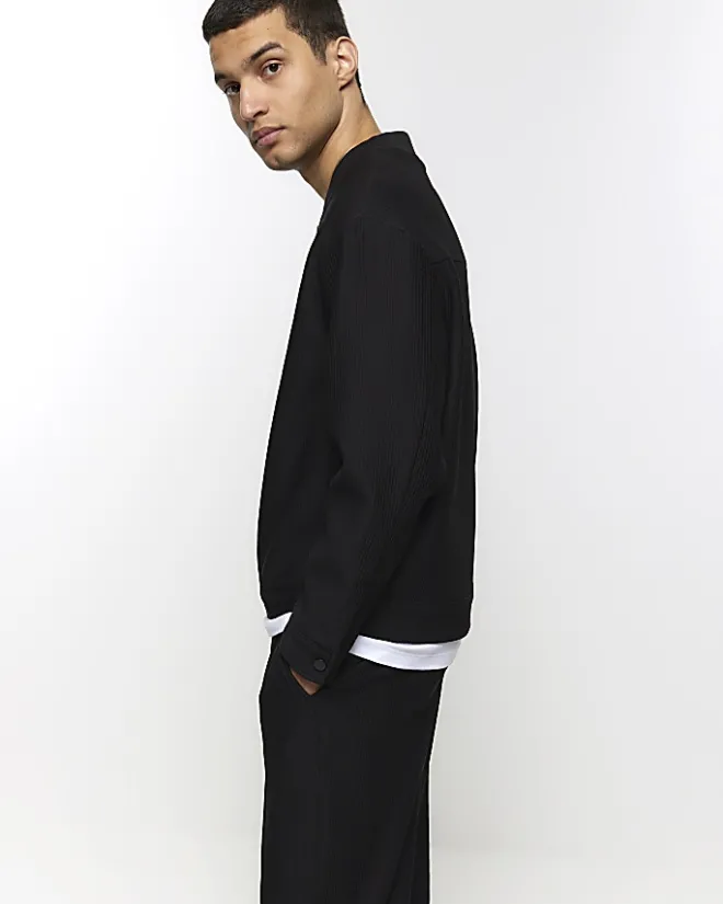 River Island tapered fit plisse smart trousers Black Clearance