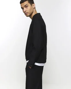 River Island tapered fit plisse smart trousers Black Clearance